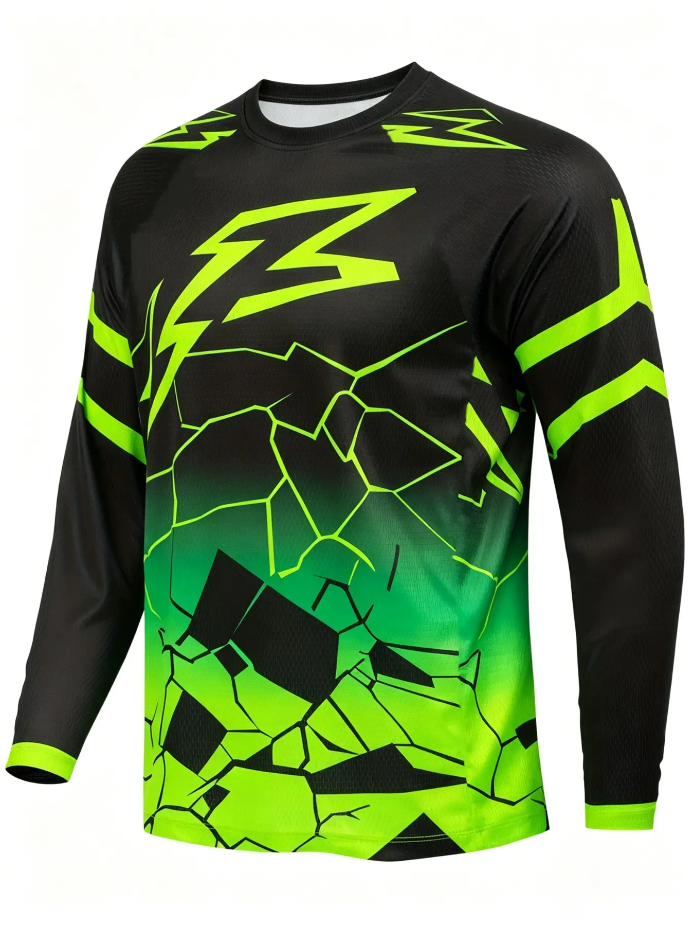 Men's Fluorescent Crack Lightning Mountain Bike Long Sleeve T-Shirt, Breathable Outdoor Quick-Dry Top, Casual Loose Fit, Breathable Athletic Top, Athletic Active Tops, Sports Clothing