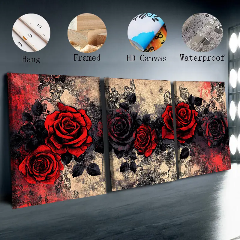 Canvas Wall Aesthetic Room DecorCanvas Wall Art Gothic Red Rose Three-Piece Canvas Art Series, size 11.81X 15.74inch - features a dark floral design with black details, framed, perfect for home, living room, cafe, office decoration, and aesthetic