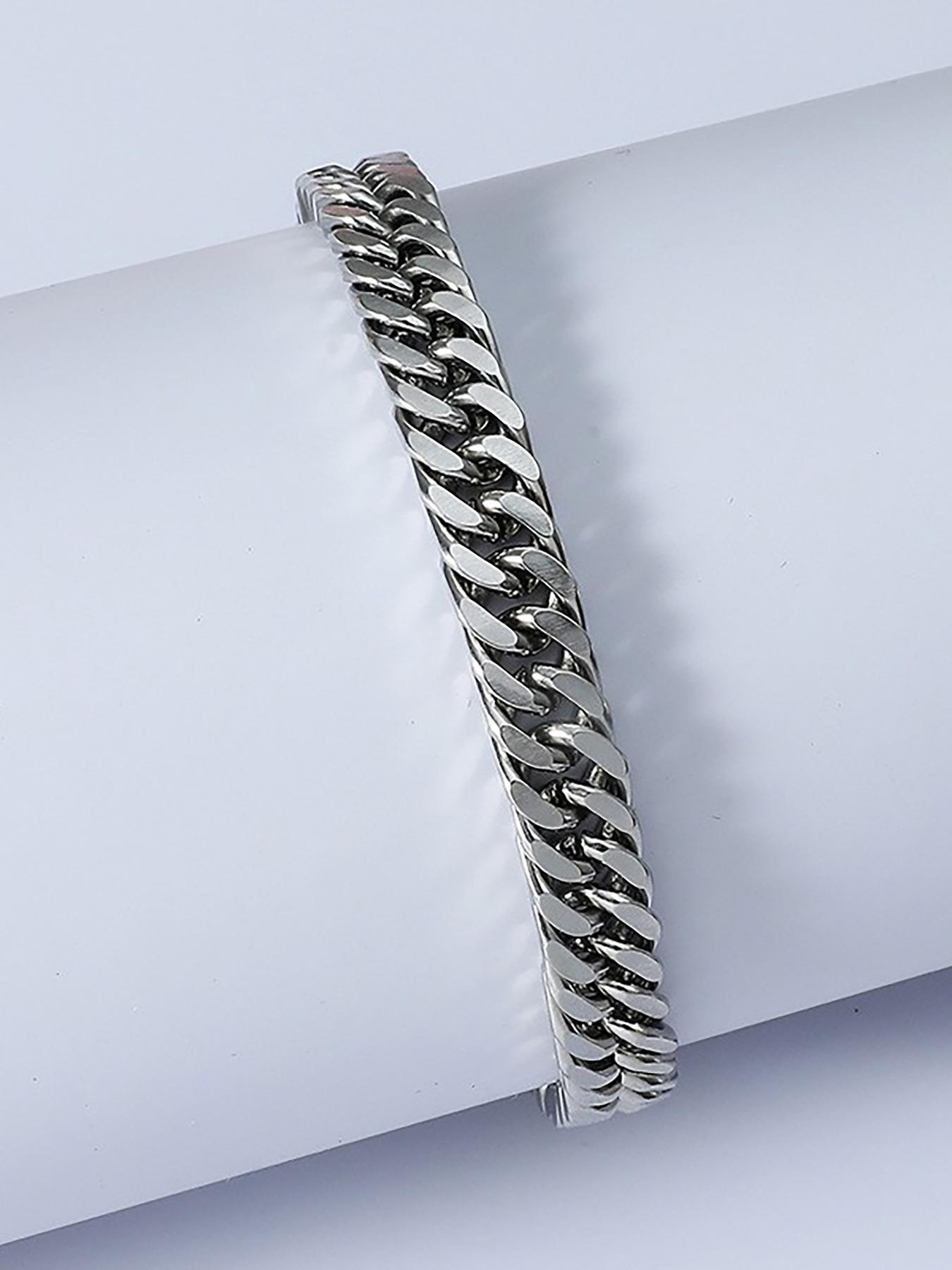 2counts/set Men's Summer Plain Stainless Steel Link Chain Bracelet & Roman Numerals Design Bangle, Stainless Steel Jewelry for Birthday Gift, Fashion Bracelets