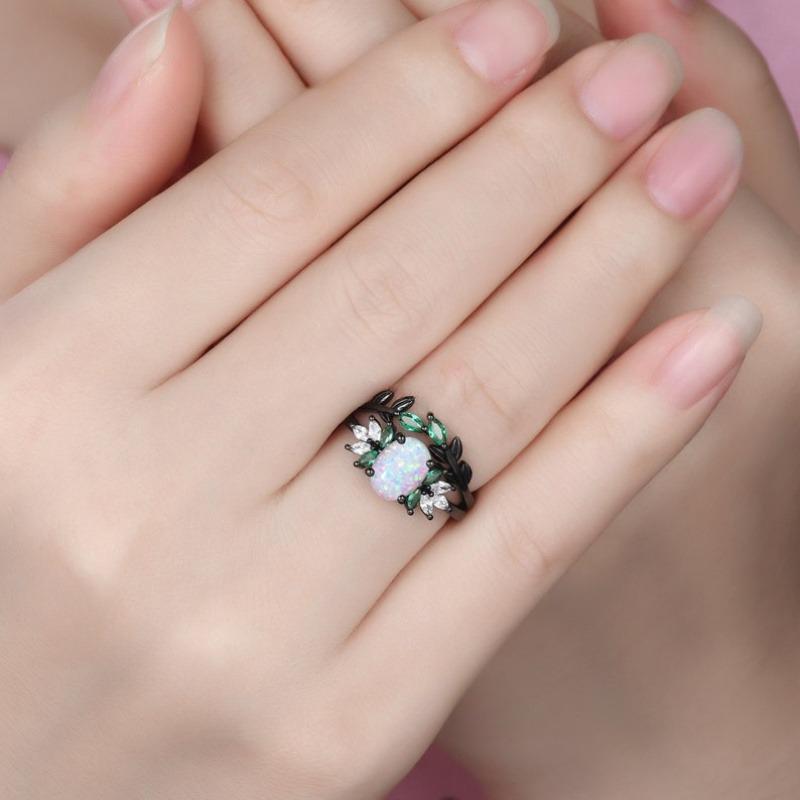 2-Piece Shiny Black Synthetic Opal Oval Cubic Zirconia Couple Rings - Ladies' Engagement & Bridal Jewelry, Ideal Gift for Valentine's Day, Anniversary, Halloween, Christmas & Mother's Day