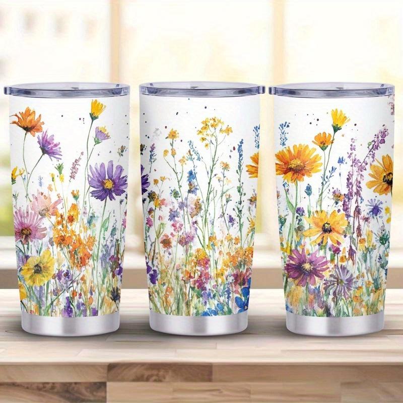 1pc, 20oz "Lively Meadow Blossoms" Theme Water Cup, Large Capacity Car Cup, Double-layered Insulated Water Cup, "Spring's Symphony" Theme Water Cup, Holiday Gift Water Cup, Birthday Gift, The Best Gift for Teachers, Friends, and Family.