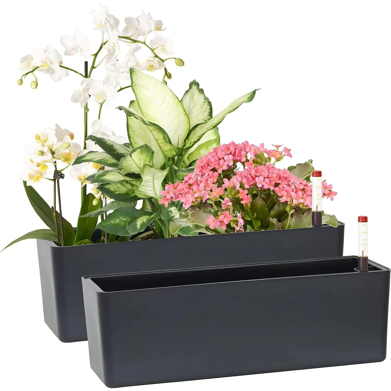 Elongated Self-Watering Planter Pots 2-Pack, 5.5x16in Window Box with Water Gauge, Modern Simple Look Dark Grey Indoor Home Garden Decorative Pots for House Plants, Flowers, Herbs