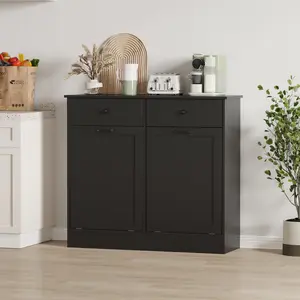 Pet-Proof Double Tilt-Out Trash Can Cabinet - 20-Gallon Freestanding Wooden Entryway Storage with Deodorizing Drawer - Hidden Laundry Hamper Solution for Kitchen & Hallway