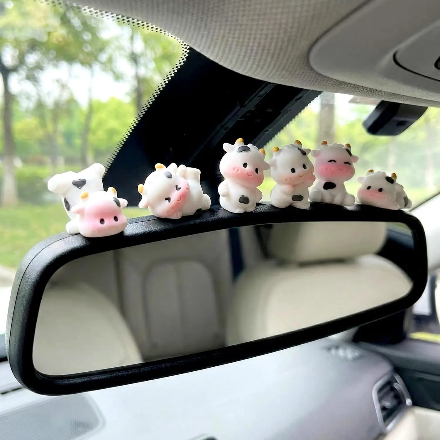 Dashboard Decorations –Mini   Cute  Decor, Cow   Interior Accessories, Console & Rear View Mirror Ornaments,  for Women & Girls (6, White)