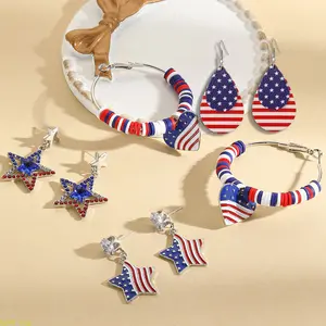 Women's Red White Blue Striped American Flag Dangle Earrings - Lightweight Alloy, Hollow Pentagram, Zircon, Patriotic 7/4 Jewelry, e2404-13 Female Accessories for Parade, Backyard BBQ
