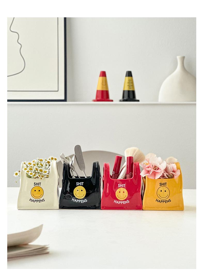 Unique handcrafted bag, creative ceramic pen holder for desktop, stationery storage box, small decorative makeup pen holder