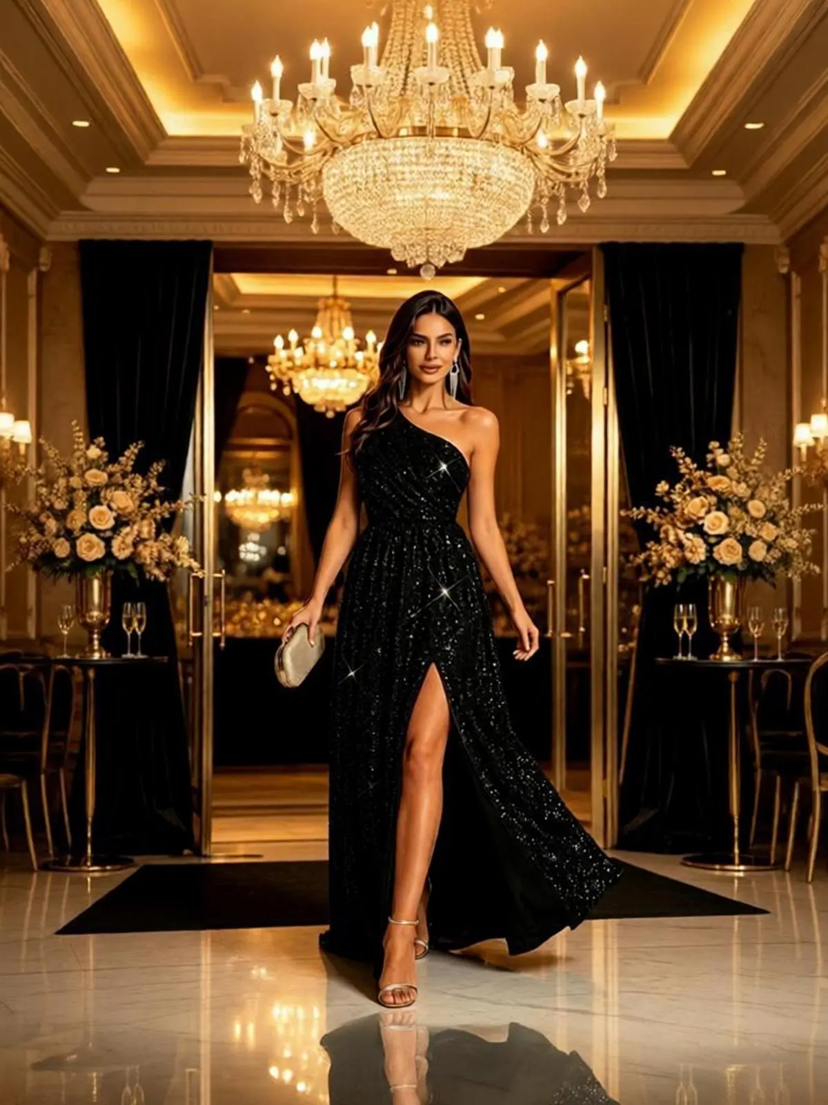 Women's Black Shimmering 1-Shoulder Formal Prom Ball Gown - Elastic Waist, High Slit, Floor-Length Draped Evening Dress for Cocktail Parties, Red Carpet Events | Womenswear Basic