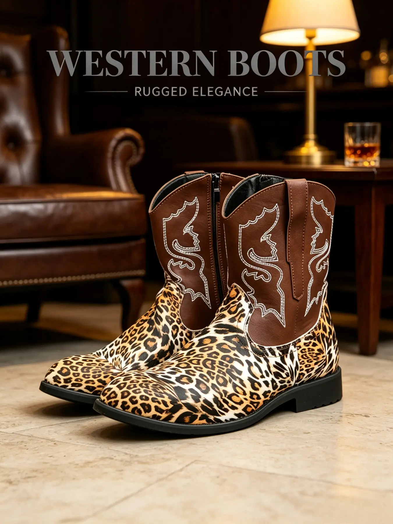 Men's Leopard Print Western Style Mid-Calf Boots, Retro Embroidered Pointed Toe, Casual PU Leather, Streetwear Punk Fashion Boots