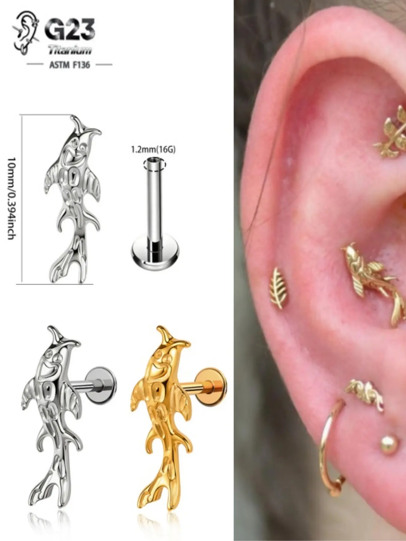 vanku 1pcs G23 Titanium Koi Fish Cartilage Earring, Tiny Tragus Stud Helix Conch, Flatback Piercing 16g, Flat Pierced Jewelry, Cute Animal Body Jewelry