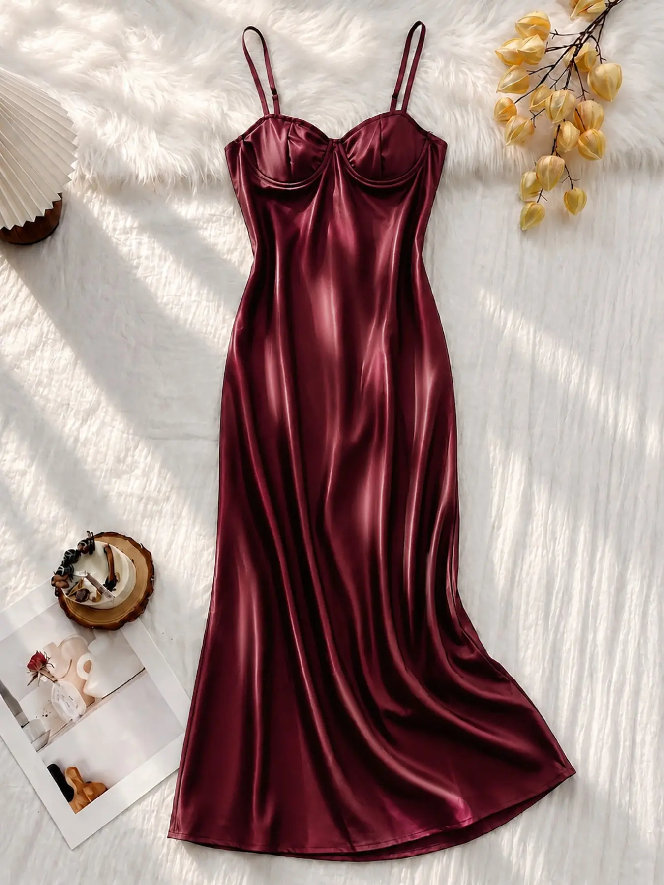 Quiet Luxury Satin Slip Nightgown, Underwire Bustier, Spaghetti Strap Midi Sleep Dress, Bridal Honeymoon Loungewear, 3 Colors, S-Xl