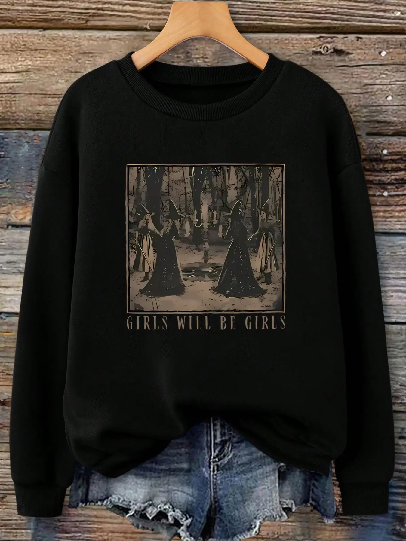 Vintage Witch Gathering Print Sweatshirt, Dark High Street Halloween Loose-Fit Round Neck Pullover, Casual Random Print Top Vibe