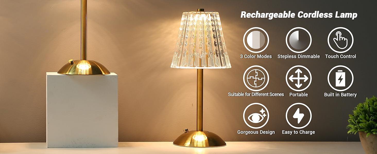 2pcs Cordless Table Lamp, Rechargeable Battery Operated Lamp, 3 Color Modes & Stepless Dimmable LED Touch Lamp, Portable Crystal Gold Metal Beside Lamps for Bedroom Living Room Restaurant Outdoor