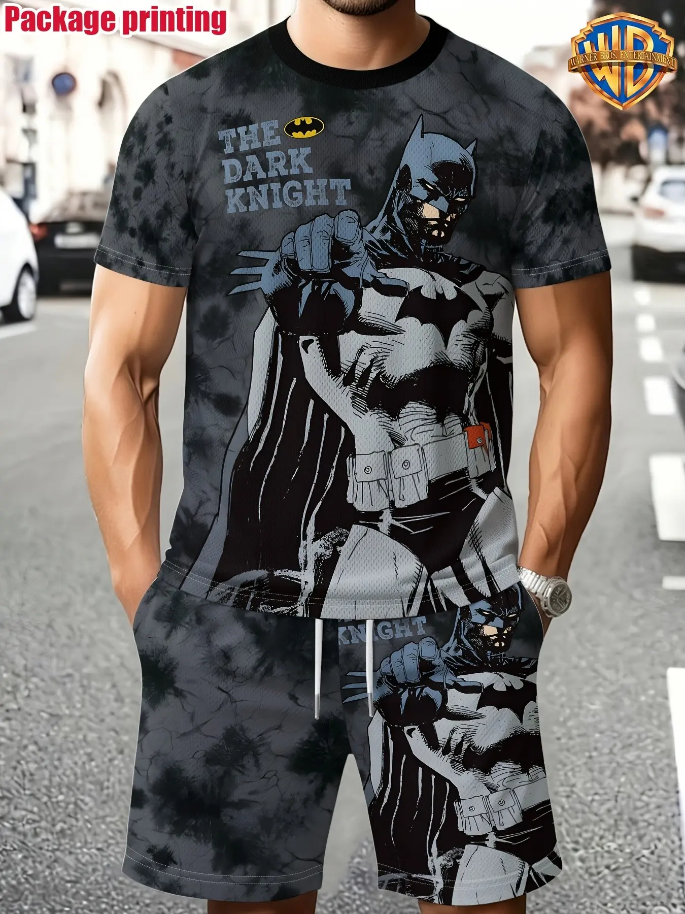 2pcs Wb Men's Batman-Themed T-Shirt Set, Warner Bros. Official Batman Print, Lightweight Short Sleeve, Summer