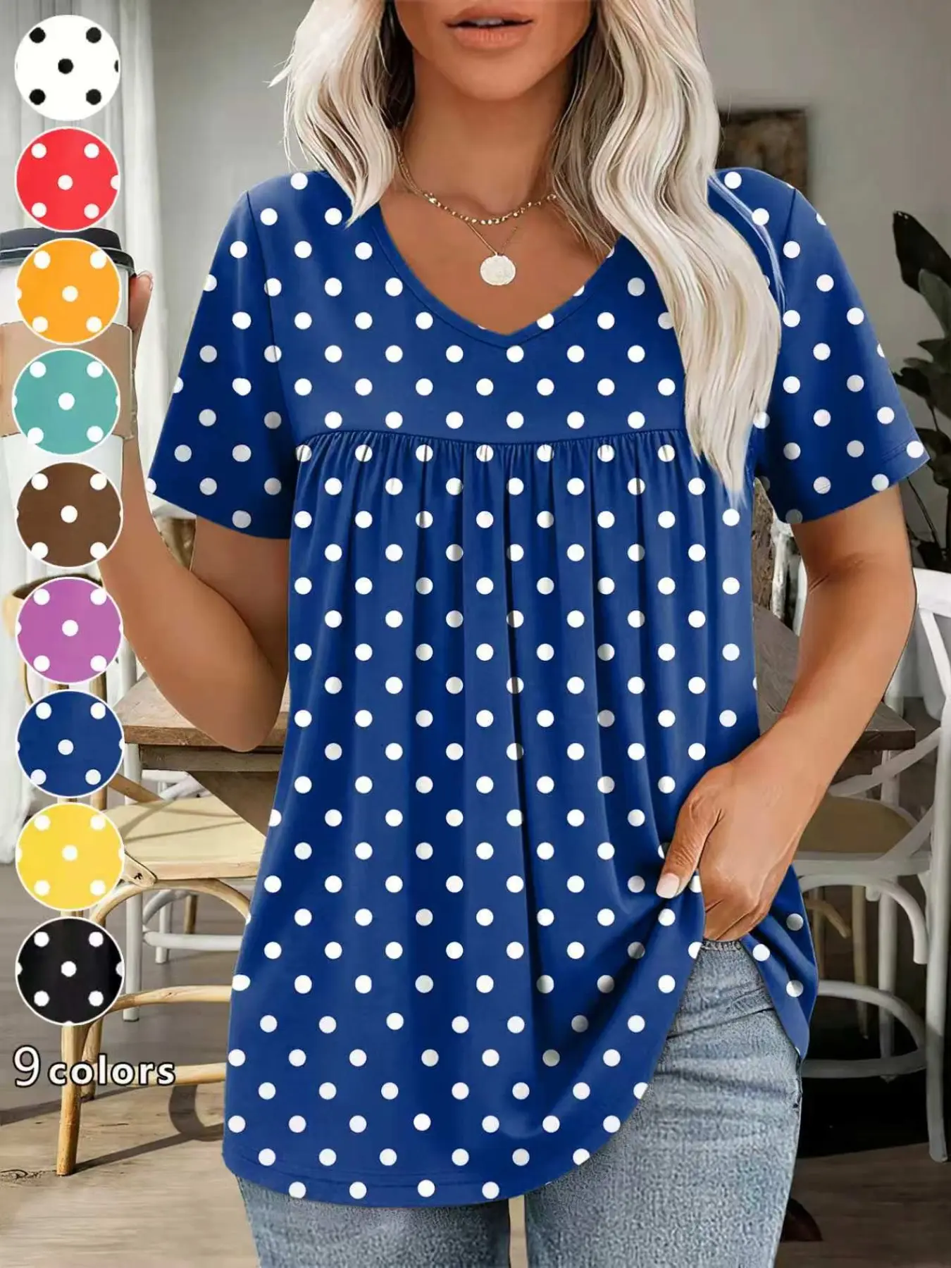 Plus Size Polka Dot V Neck Pleated Midi Top Boho Chic Blouse, Flowy Casual Shirt for Plus Size Women, Comfortable and Stylish Upperwear