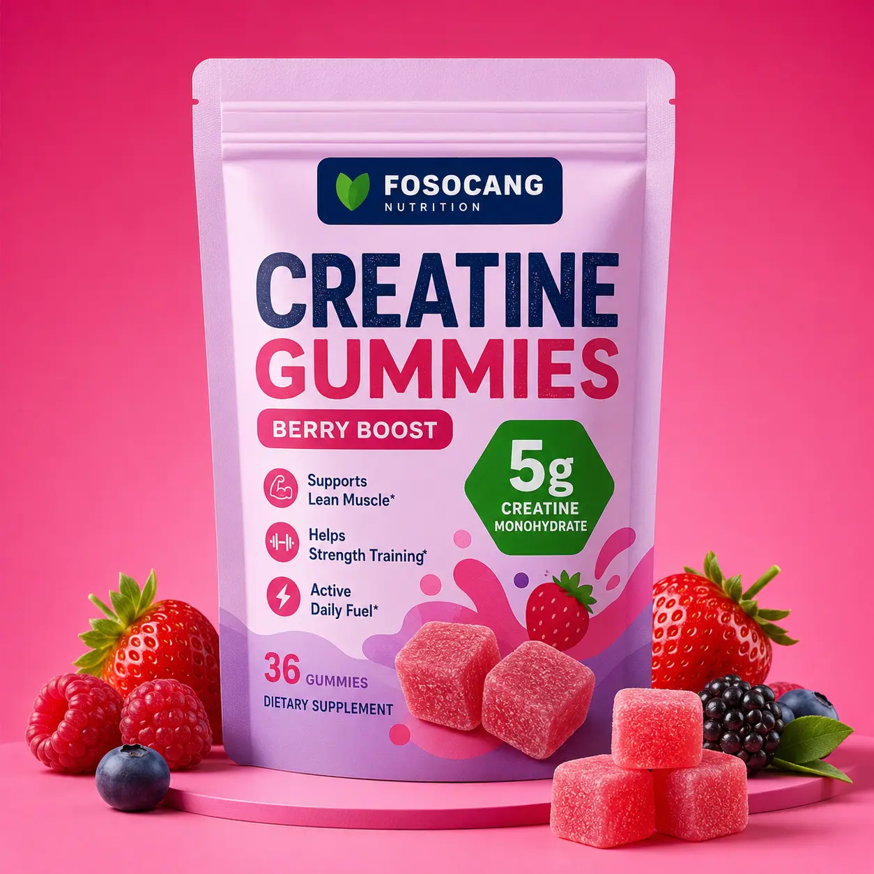 FoSoCang Creatine Monohydrate Gummies, Berry Boost, 12 Servings | 5g Per Serving, Sugar Free Creatine Gummy for Workout, Strength, Cognitive Health & Lean Muscle Support, Gluten Free, Non GMO