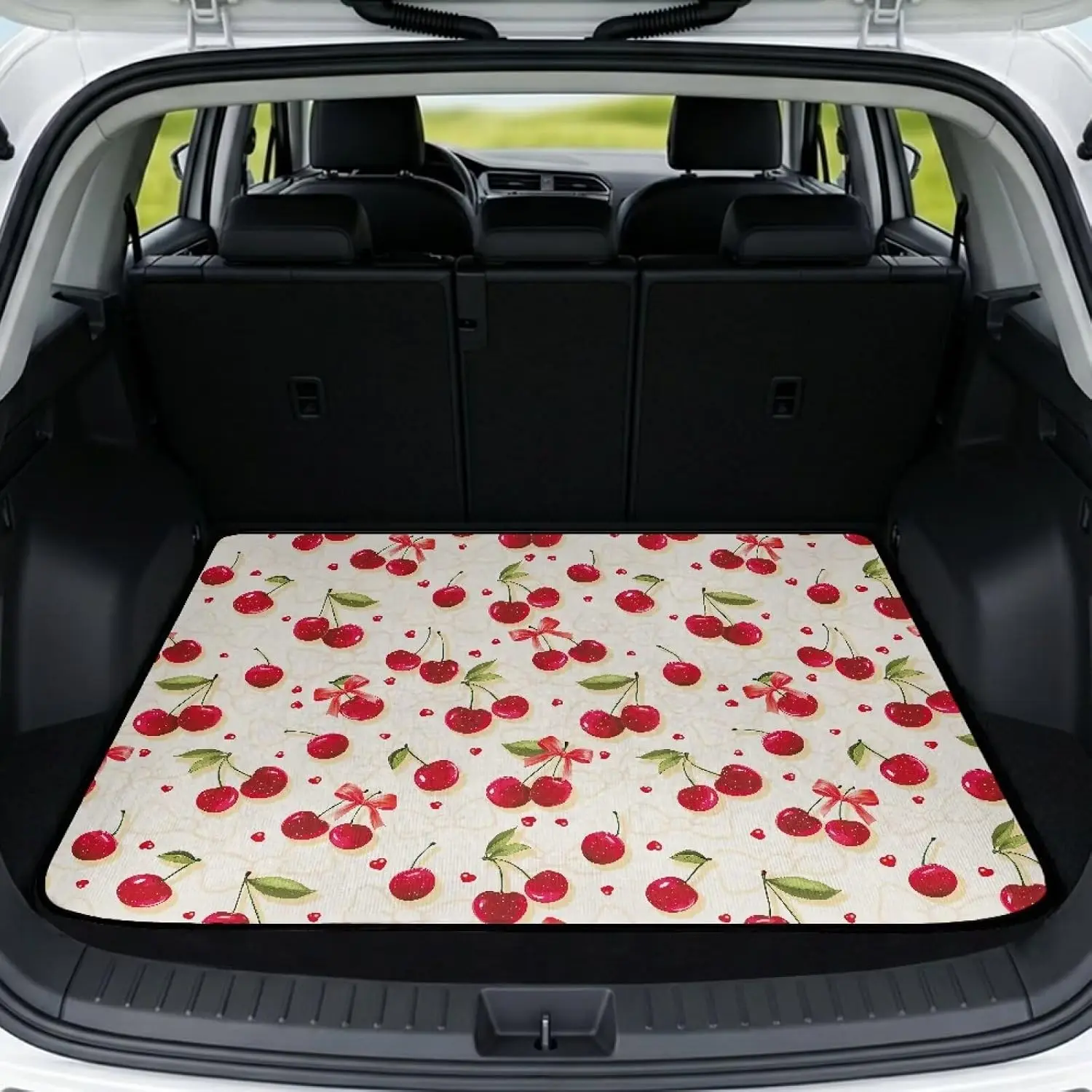 Cherry Car Trunk Mat Waterproof Non-Slip | Red Bow Cargo Liner, Polyester, 29x39 in, Non-Slip Backing, Easy to Clean, Stitched Edge, Fits SUVs, Sedans, Trucks