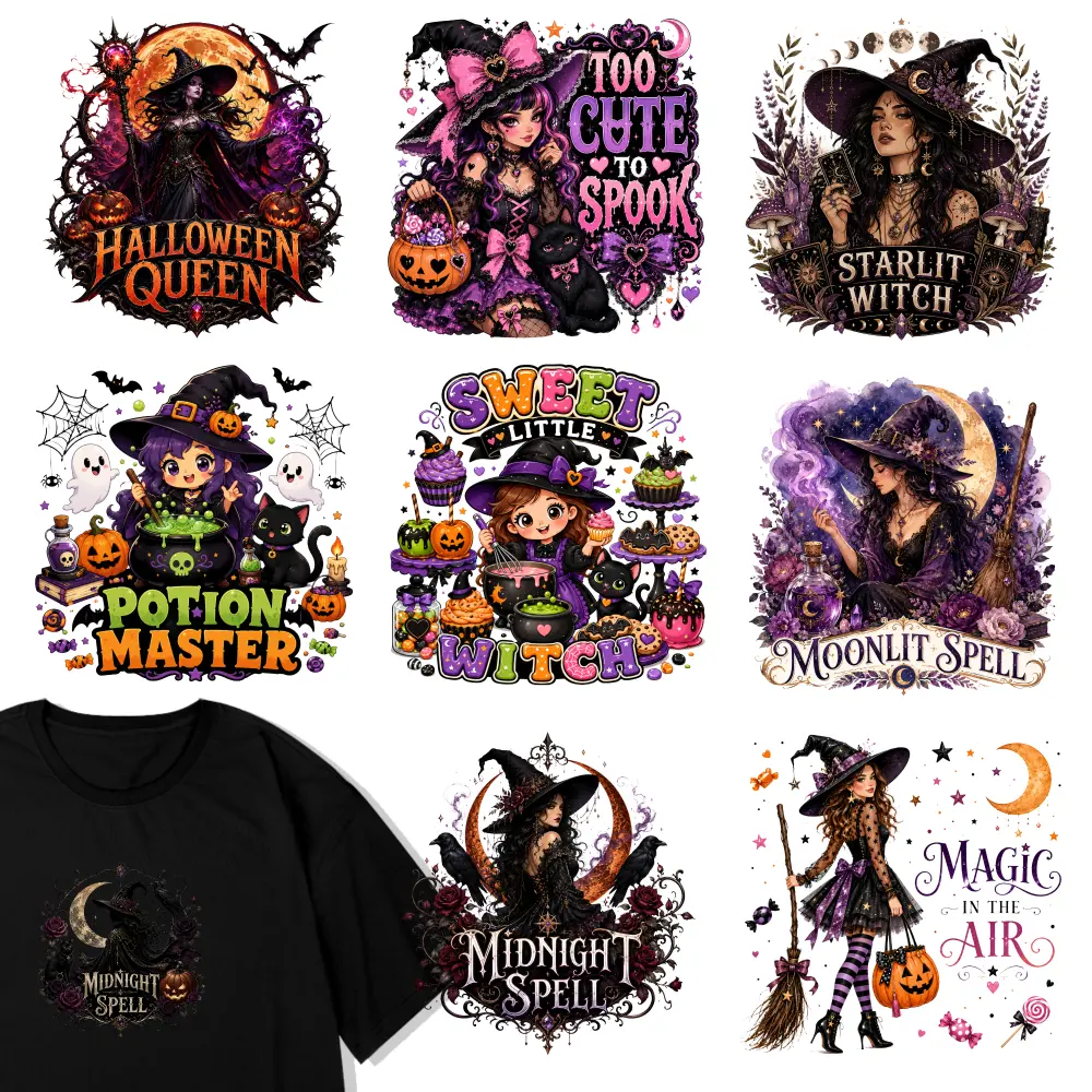 9-Pack Witch Series DIY Halloween Themed Iron-on Decals, Pumpkin Theme Heat Transfer DIY Suitable for Clothing, T-shirts, Jeans, Pillows. Easy heat-press decals, perfect for a casual style. Washable heat transfer stickers.