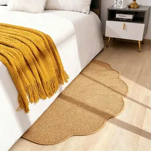 Single-Sided Wave Edge Mimic Sisal Bedside Runner Rug, Japanese Wabi-Kusa Bedroom Non-Slip Hard Texture Carpet, Minimalist Style
