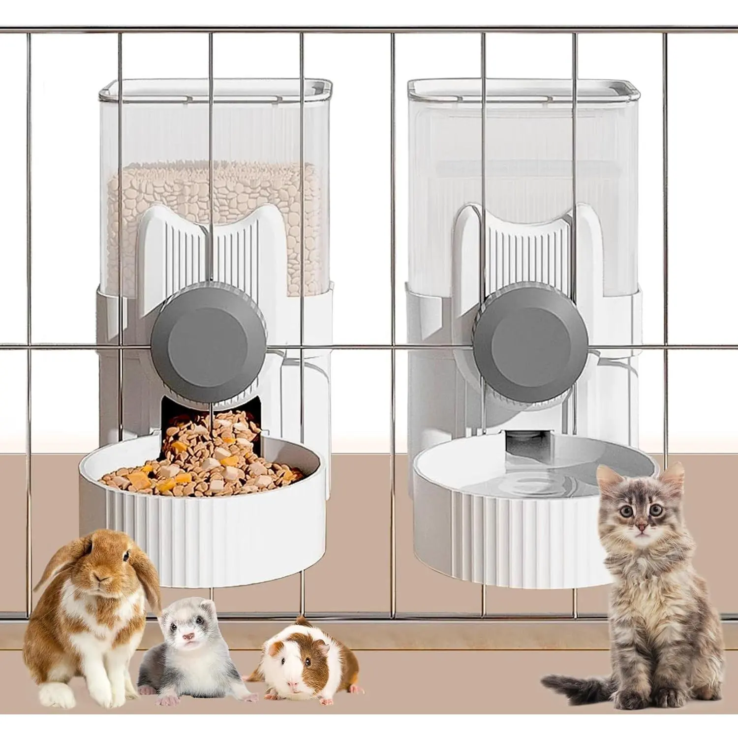 Hanging Automatic Pet Food & Water Dispenser Set - Gravity Feeder, Cage Fit for Rabbits, Cats, Dogs (Grey)