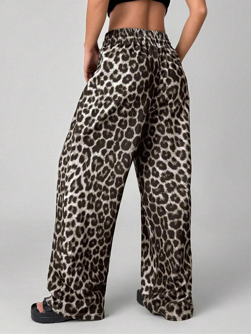 【Plus Size】 Leopard Print Wide Leg Pants, Casual Comfy Trousers for Daily Wear, Women's Bottoms for All Seasons, Casual Fashion Pants