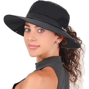 Womens Summer Sun Hat Beach Hat Wide Brim Outdoor UV Protection Hat Packable Mesh Bucket Hat with Ponytail Hole