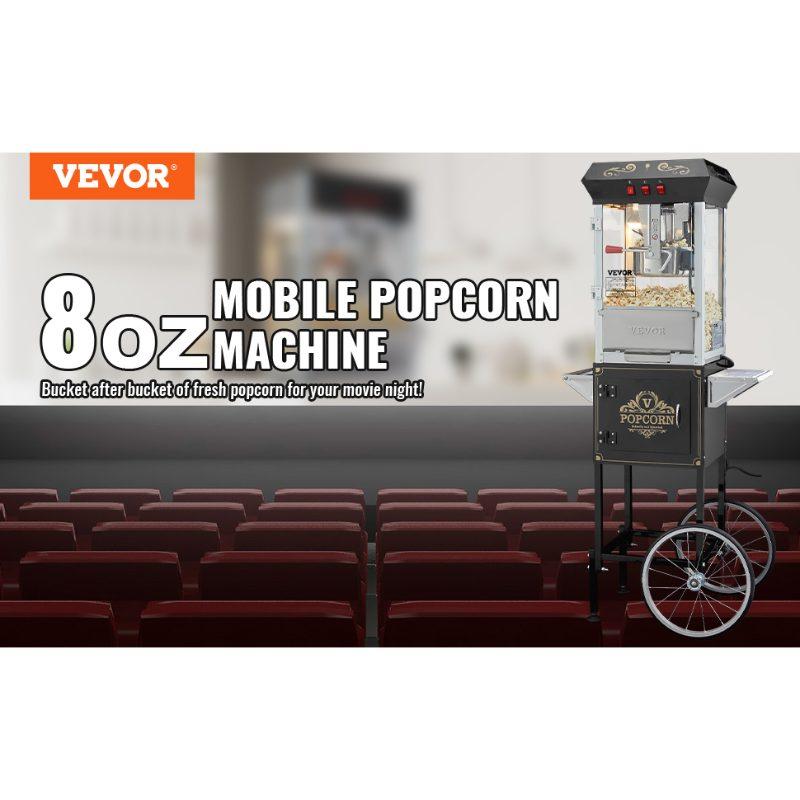 VEVOR Popcorn Maker with Cart, 850W Popcorn Popper Machine, 8 Oz Kettle Makes 48 Cups per Batch, Popcorn Maker Equipped with Tempered Glass, Includes 4 Scoops, Movie Theater Style, Black VEVOR Popcorn Maker with Cart, 850W Popcorn Popper Machine, 8 Oz Kettle Makes 48 Cups per Batch, Popcorn Maker Equipped with Tempered Glass, Includes 4 Scoops, Movie Theater Style, Black
