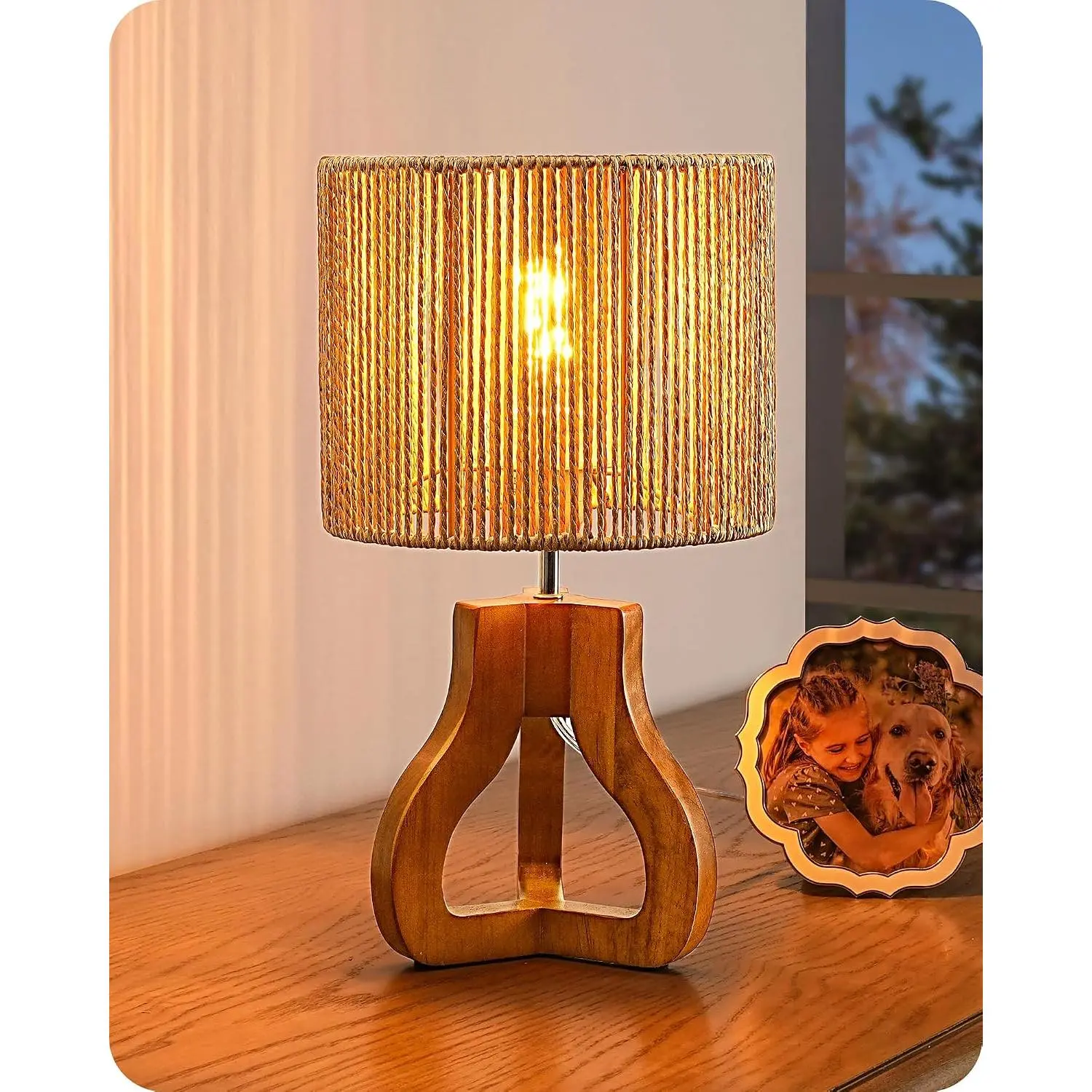 Small Table Lamp, Rose Wood Tripod Nightstand Lamp, Handwoven Paper Rope Shade, 14.6" Rattan Bedside Lamp for Bedroom Living Room, Office, On-Off Line Switch, E26 Base(Bulb Not Included)