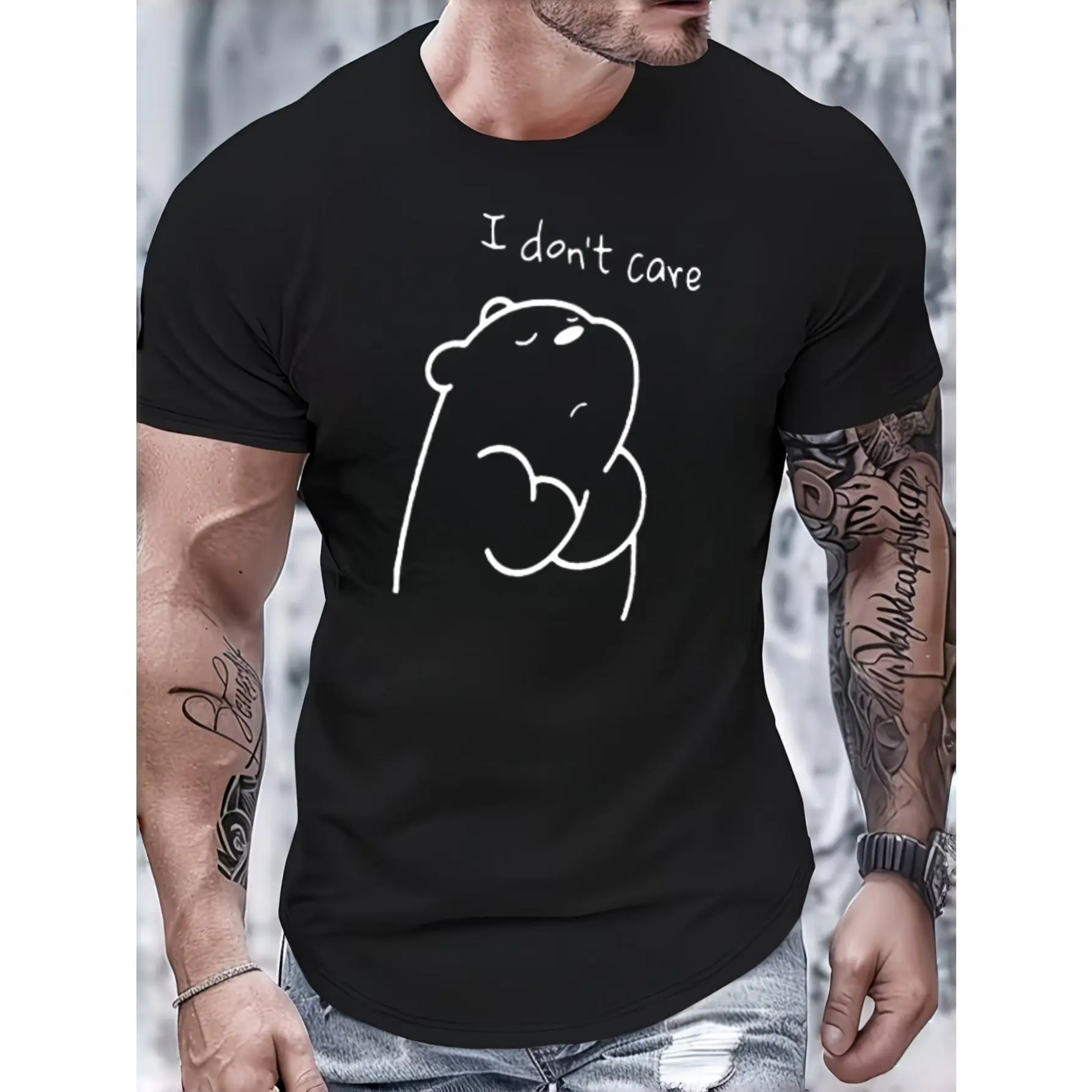 Casual Funny, Men's T-Shirt, I Don't Care Cartoon Bear Graphic, Summer Daily Wear, Gift For Boyfriend Or Friend