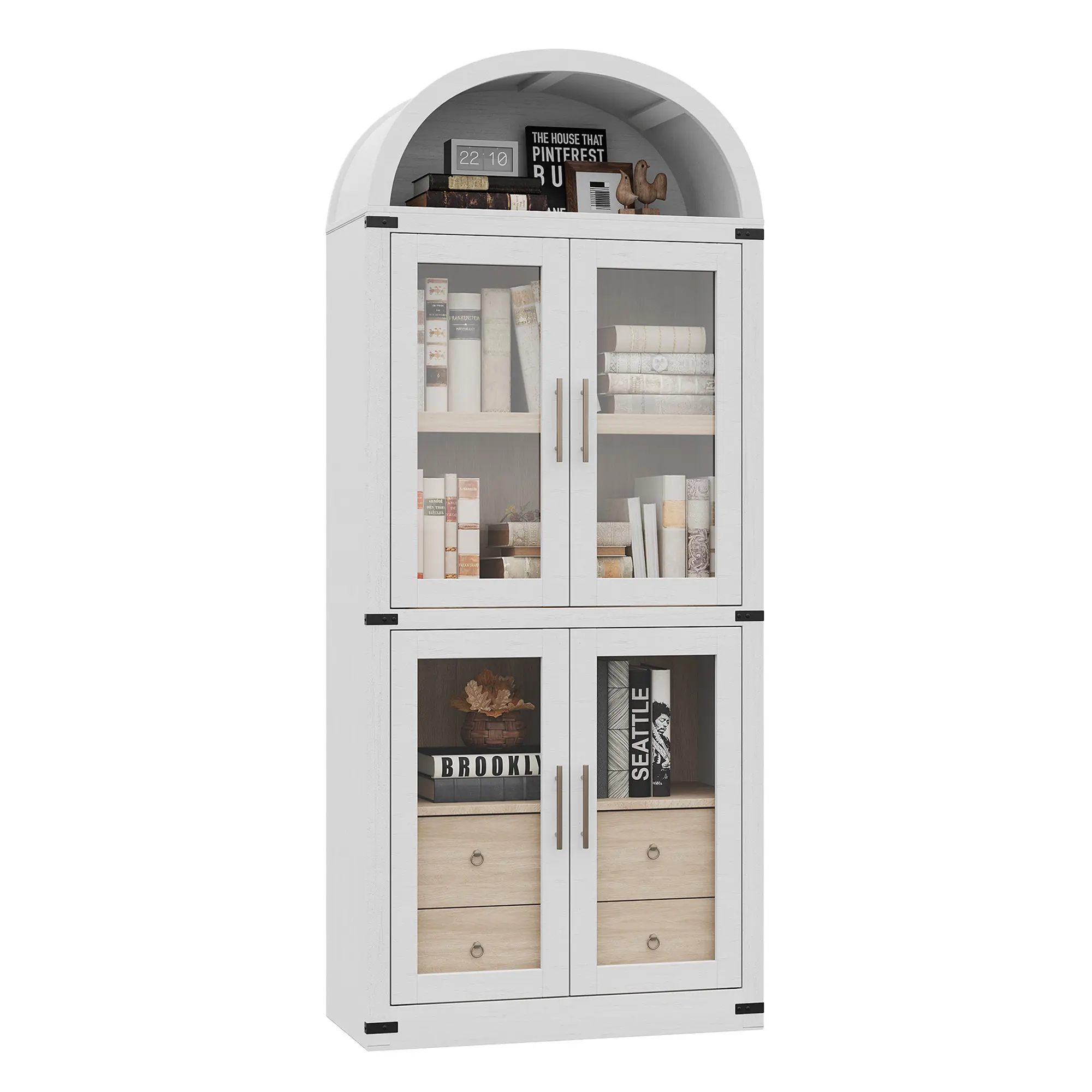72" Tall Arched Bookcase Cabinet with Glass Doors and Drawers, Modern Farmhouse Freestanding Pantry Cupboard, 5-Tier Vertical Storage Organizer Shelf for Living Room, Home Office & Kitchen, Heavy-Duty Wood Display Bookcase with Anti-Tip Kit