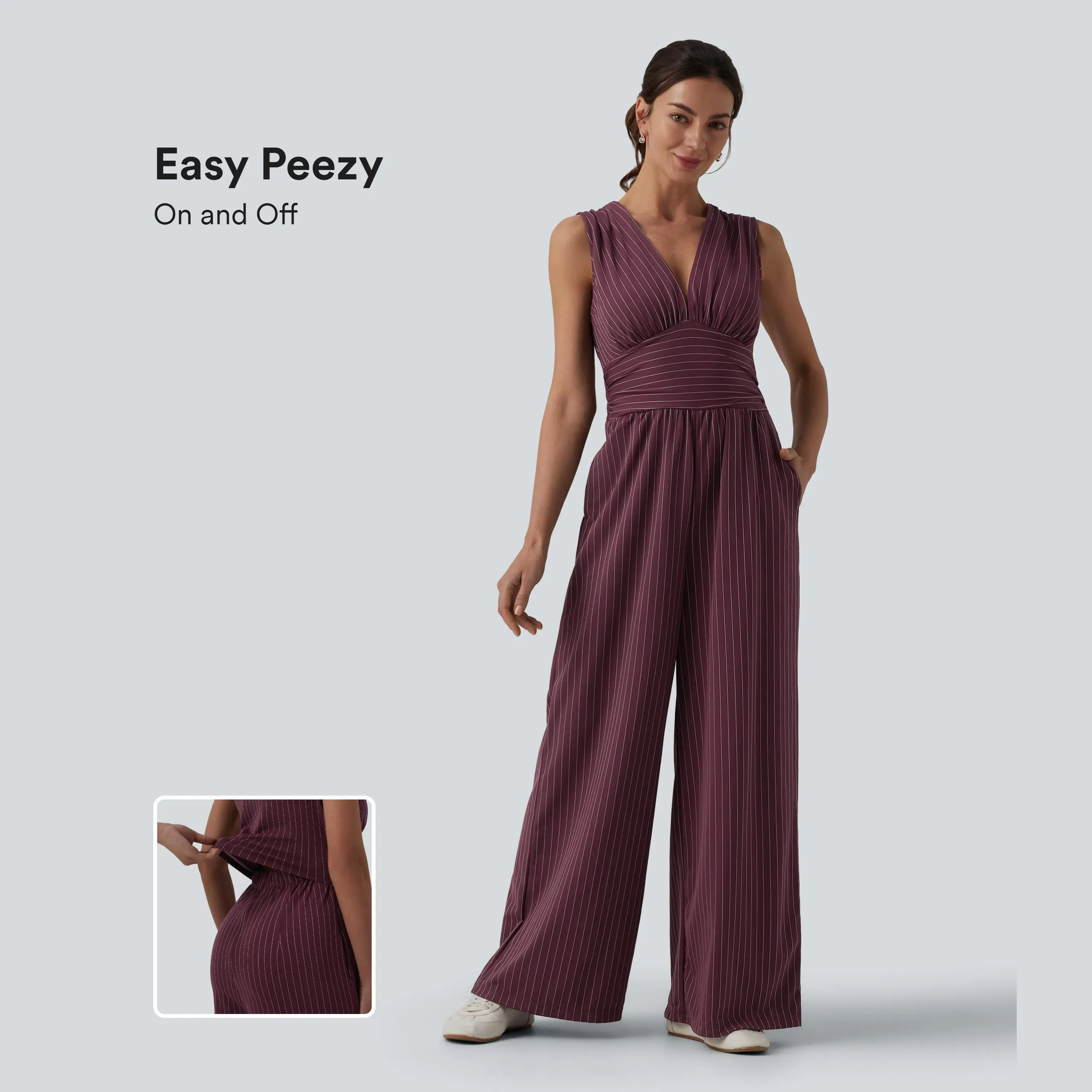 Halara V Neck Sleeveless Ruched Stripes Work Jumpsuit with Pockets-Easy Peezy