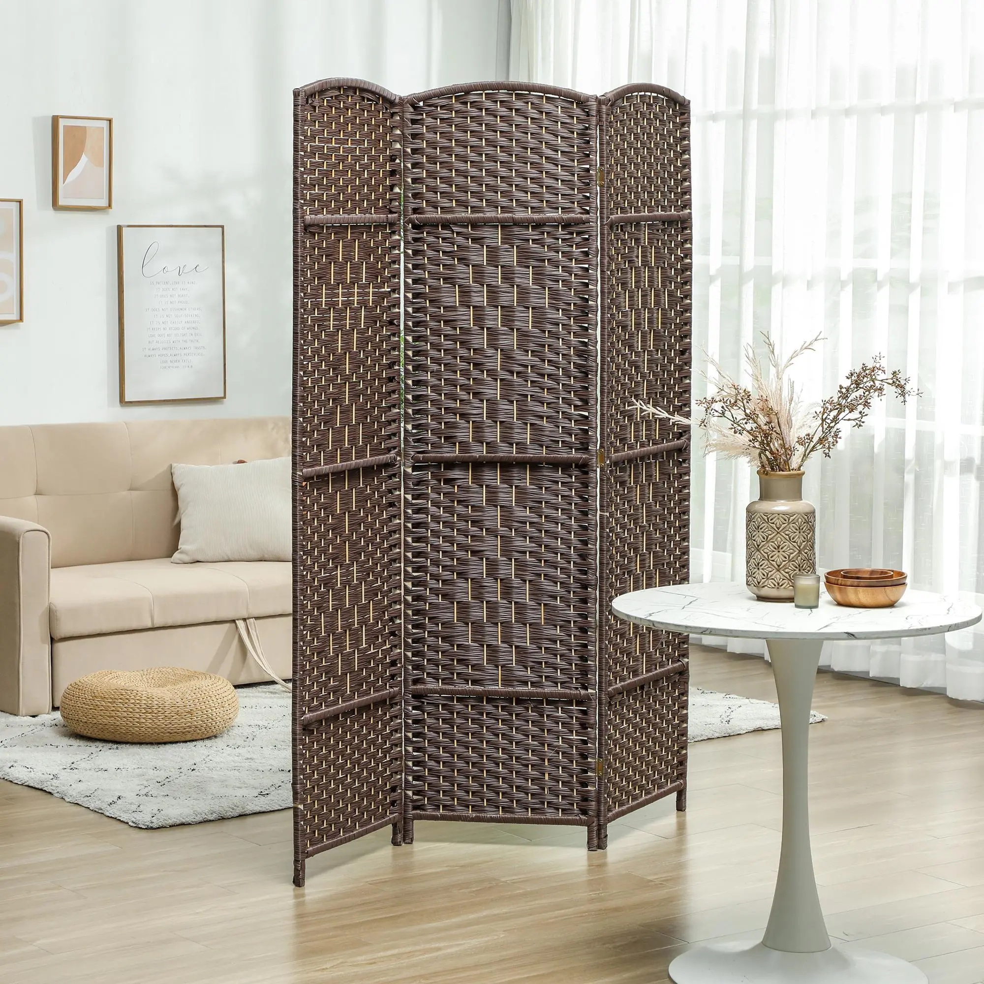 Folding Room Divider 3 Panel, 6 ft Tall Freestanding Privacy Screen, Wood Partition Wall Divider for Home Office, Bedroom, Living Room, Apartment, Portable Folding Screen, Room Separator, Brown