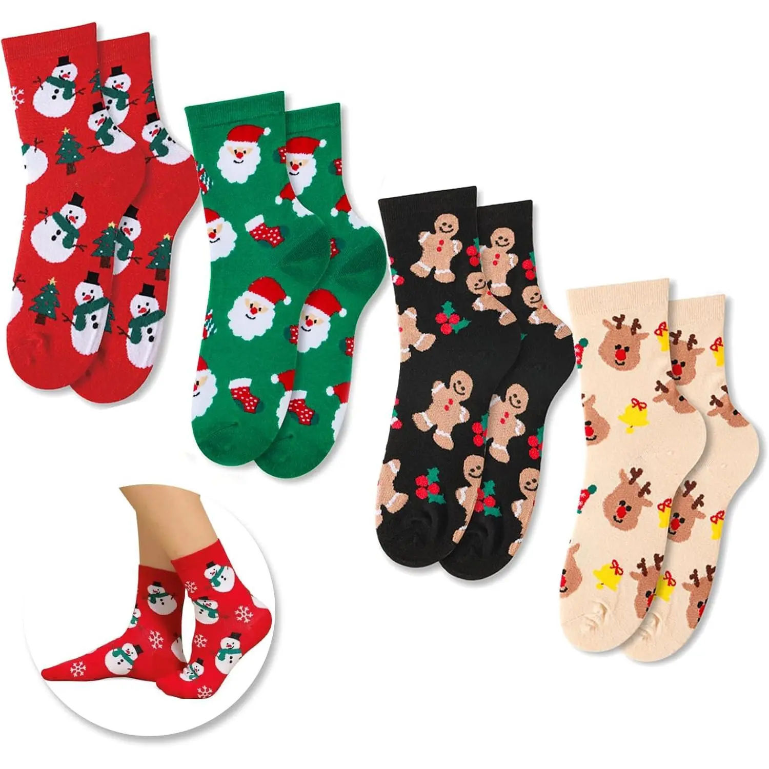 4 PAIRS Christmas Socks Santa Socks Women Fun Novelty Socks Crew Socks Multi-Packs