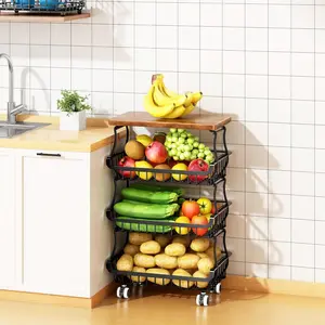 4 Tier Vegetable Fruit Basket for, Stackable Fruit and Vegetable Baskets with Rolling Wheels Cart, Fruteros Para Cocina and Onion Bin Pantry Island Cart Counter