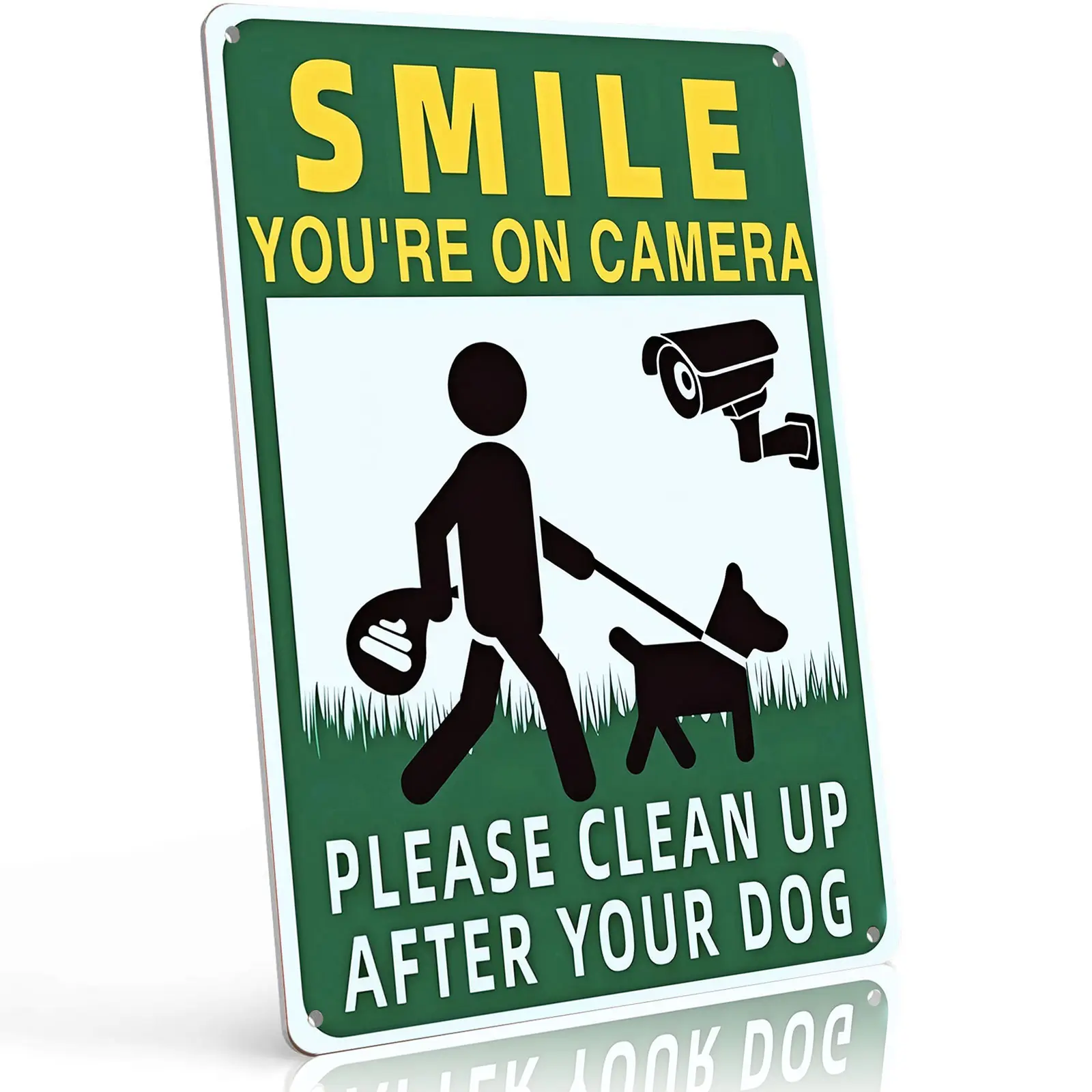 Smile You're On Camera Clean Up After Your Dog 8x12 Aluminum Metal Warning Sign, Pet Owner Reminder Wall Plaque. Durable outdoor sign for park, community yard & sidewalk, practical public area pet etiquette security plaque.