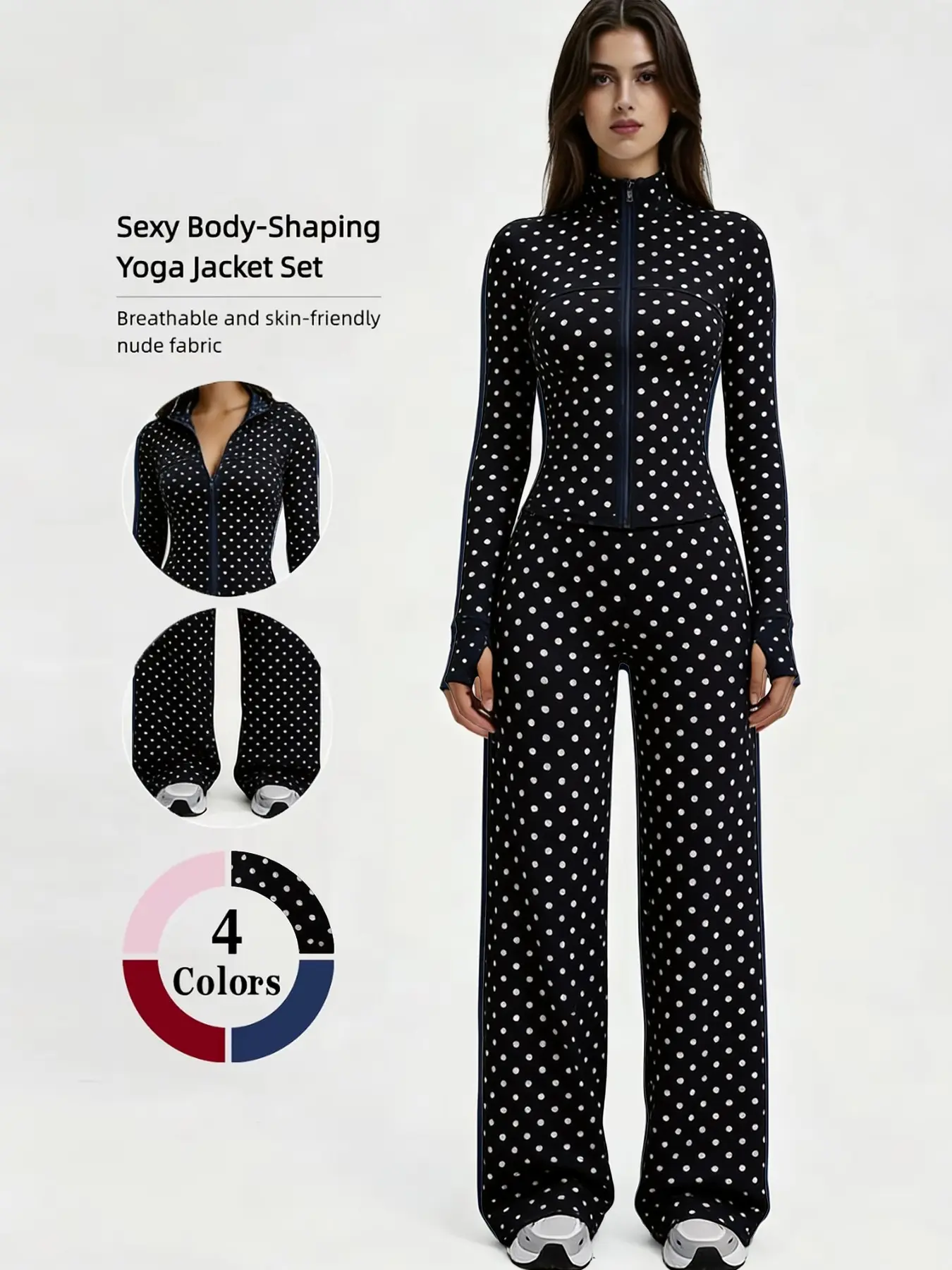 Women Polka Dot 2 Piece Tracksuit, Zip Up High Neck Crop Jacket, Wide Leg Pants, Sporty Fitted Suit, All Seasons Workout Yoga