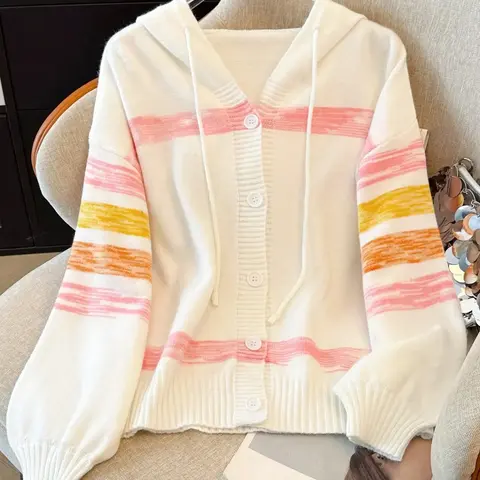 Elegant Tie-Dye Hooded Long Sleeve Cardigan Sweater Coat, Gradient Striped Button Front Knitwear Jacket for Fall Winter Women Fashion Knitting, Cardigans Sweaters