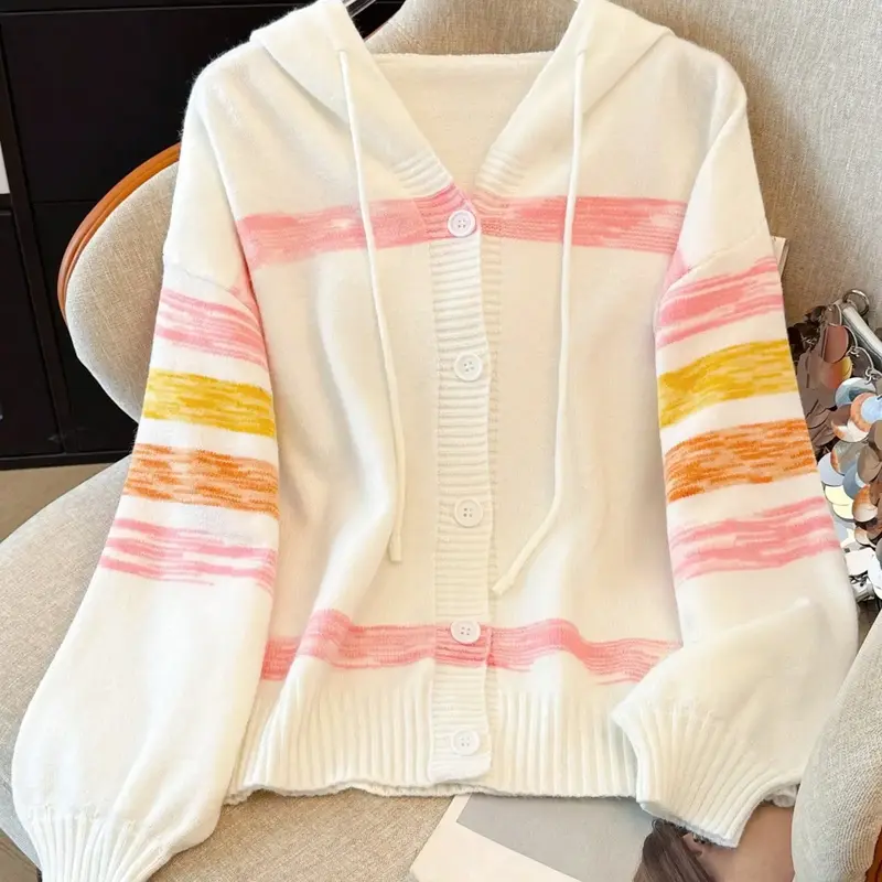 Elegant Tie-Dye Hooded Long Sleeve Cardigan Sweater Coat, Gradient Striped Button Front Knitwear Jacket for Fall Winter Women Fashion Knitting, Cardigans Sweaters