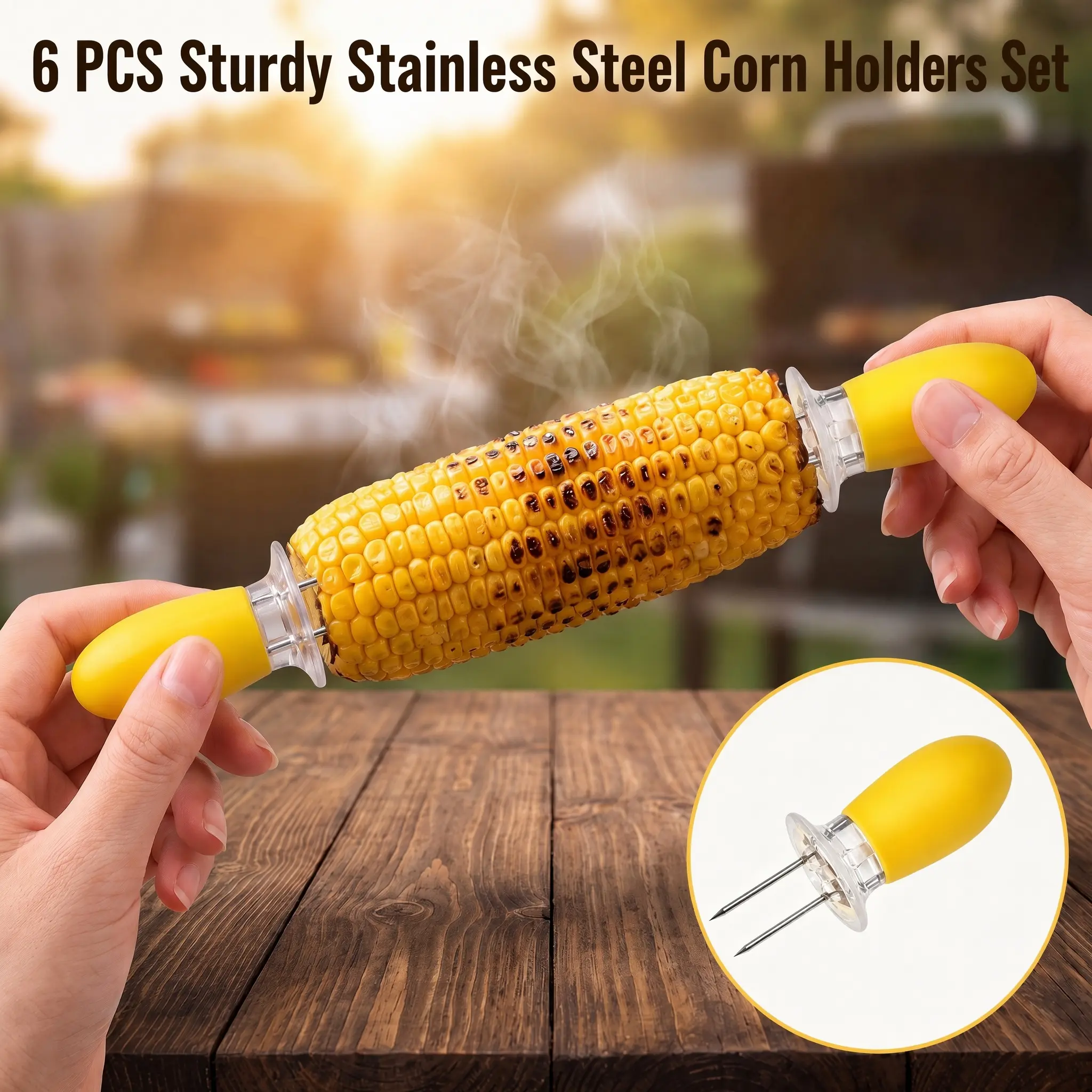 6 PCS Sturdy Stainless Steel Corn Holders Set, Multi-Purpose BBQ Grilling Tools, Reusable Skewer Forks for Corn, Meat & Fruit, Portable Camping Picnic Kitchen Gadgets, Easy to Clean & Store-YY1