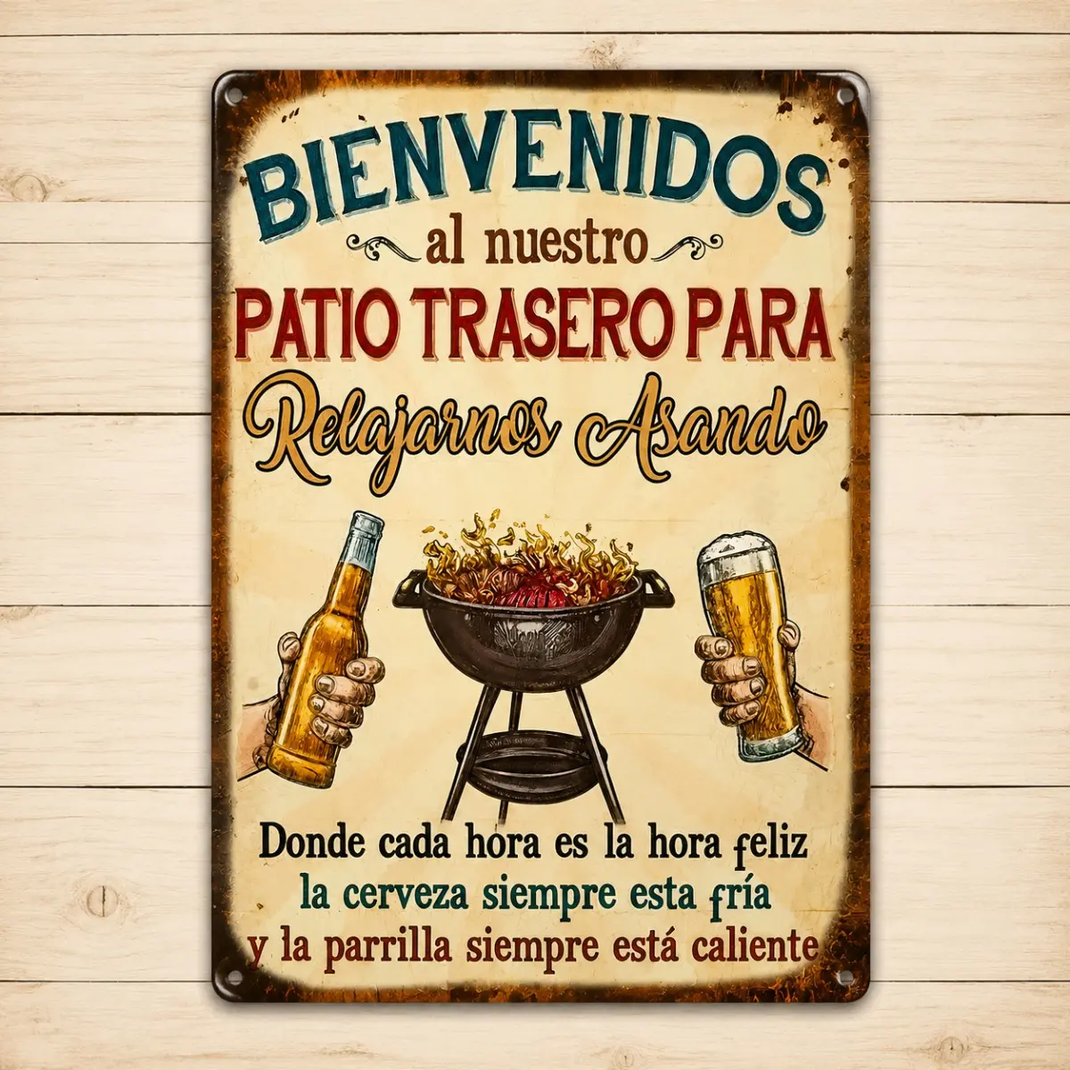 Vintage Retro Mexican Metal Patio wall Sign, 8x12in Decorative Hanging Plaque - Bienvenidos Spanish Welcome Gift for Outdoor Garden Backyard BBQ Bar Grill Party Home Decor, Artwork
