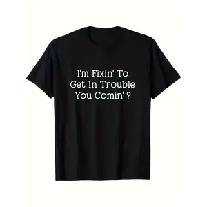 100% Cotton Athletic Tee-Plus Size 'I Want to Cause Some Trouble, Do You Too?' Printed T-Shirt - Casual Black Short-Sleeve T-Shirt, Fun Text Design, Suitable for Everyday Wear and a Unique Gift Choice Unisex Short Sleeve T-Shirt