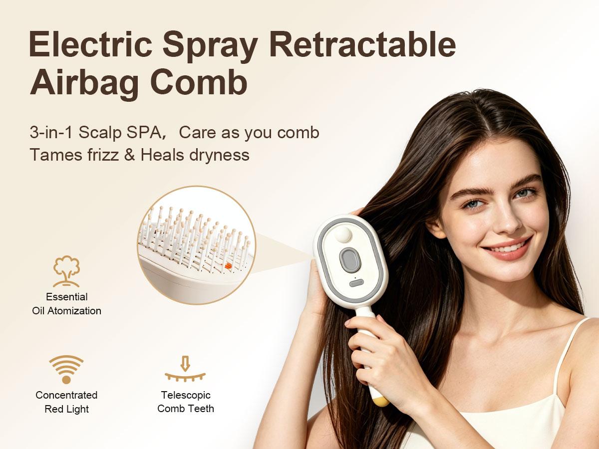 Electric Spray Airbag Massage Hair Comb, Essential Oil Atomization Hair Care Brush, Self-Cleaning Anti-Tangle Anti-Static Detangler for Smooth & Voluminous Hair