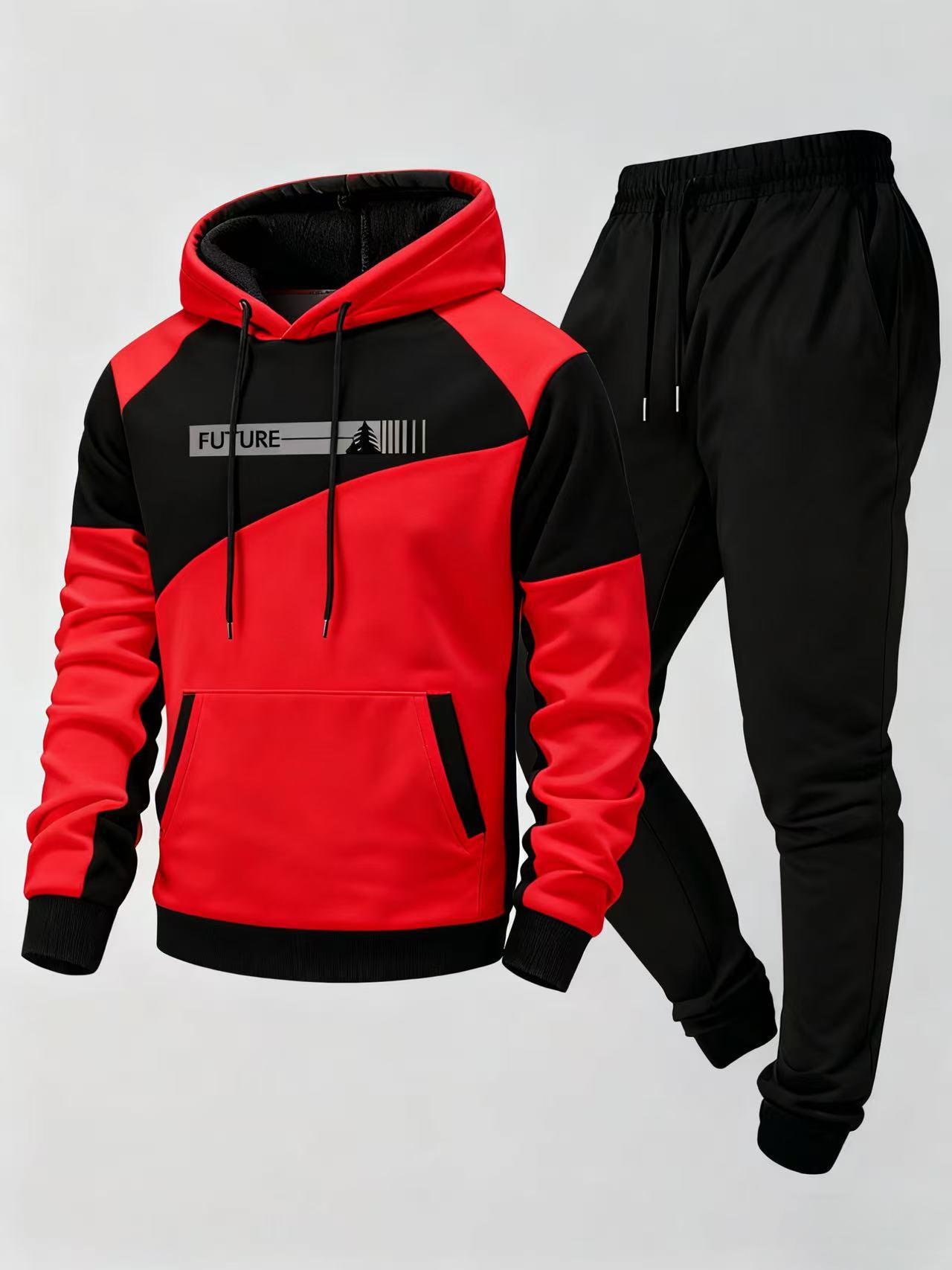 Men's Red & Black Hooded Sports Suit with Digital Print - Two-Piece Set for Daily Streetwear & Sports Sweatsuit Outfits Sweatsuit Loose Sporty Comfy Breathable