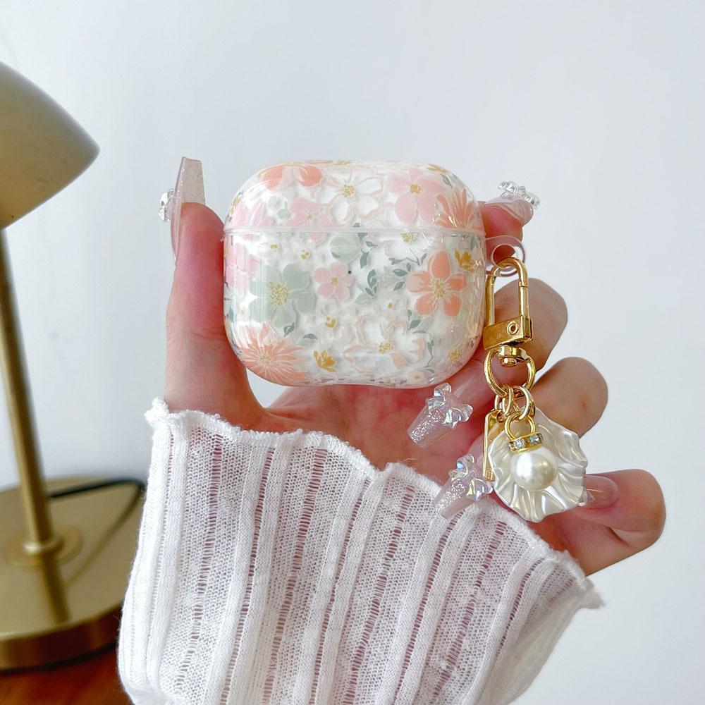 Soft Silicone Earphone Case With Cute Clear Pink Flower Pendant, Protective Cover Compatible With AirPods Series Models, Flexible Anti-Drop Shell For Wireless Charging And Daily Carrying