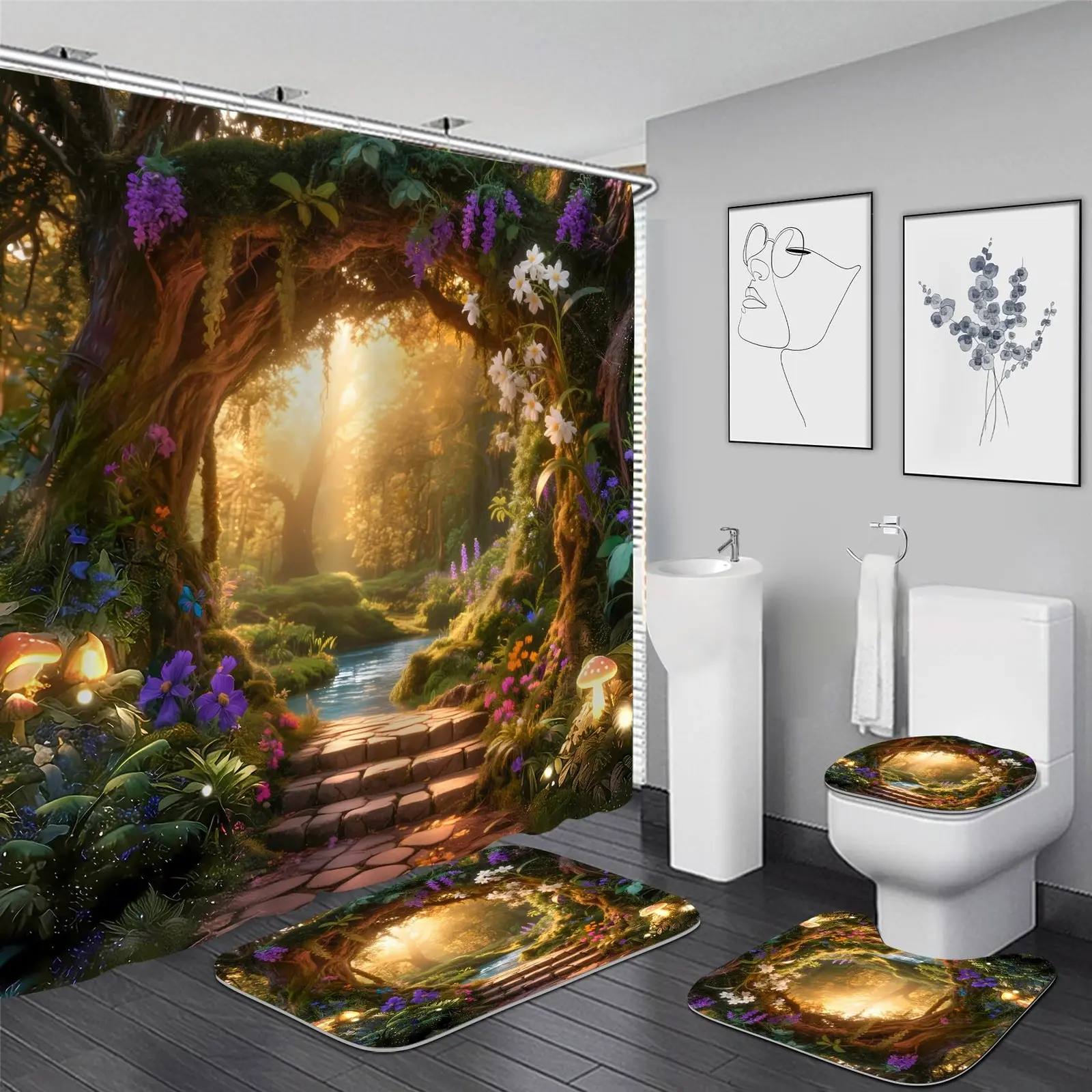 4 Pcs Enchanted Forest Shower Curtain Set Nature Garden Bathroom Sets,waterproof shower curtain set featuring a shower curtain, toilet seat cover, bath mat, and U-shaped cover