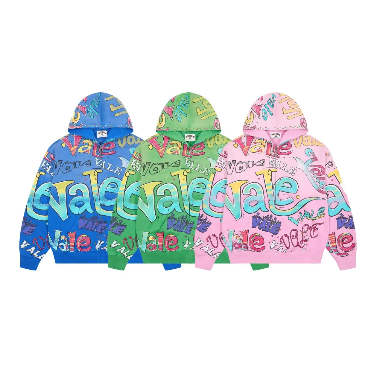VALE Forever Spearmint Zip Up Hoodie, Full Print Rhinestone Washed Cotton Sweatshirt, Distressed Y2K Streetwear Jacket, Oversized Hip Hop Hoodie