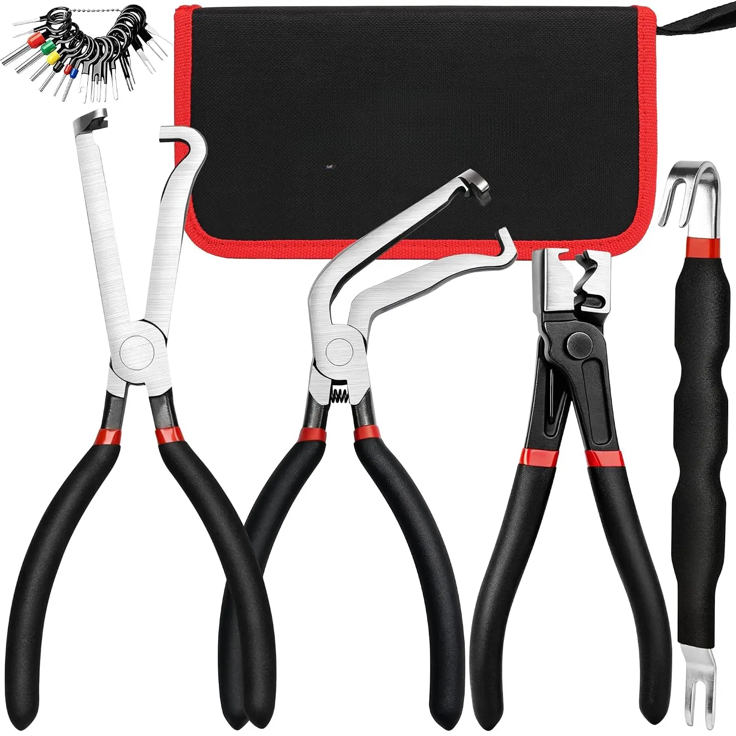 Automotive 5-Piece 5-in-1 Multi-Tool Set, Angled Pliers (60° & 90° Jaws) with Rubber Grip, Includes Extractor & Hose Clamp Pliers for Cars/SUVs Electrical Terminal Wire Release & Disassembly