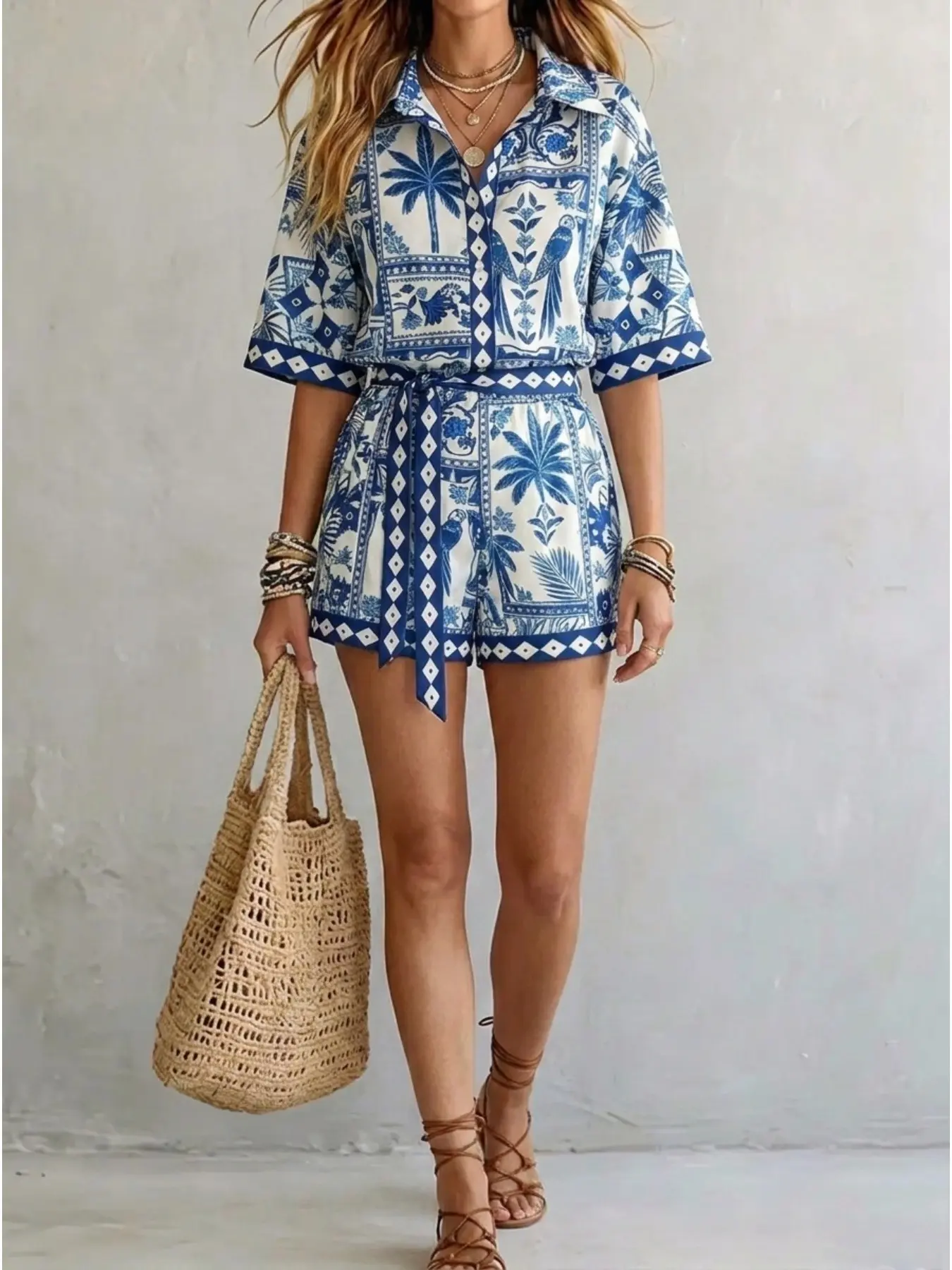 Regular Size Women 2026 New Blue White Palm Parrot Print Shirt Collar Romper, Belted Short Sleeve Loose Fit Trendy Boho Beach Holiday Travel Vacation Casual One Piece Outfit