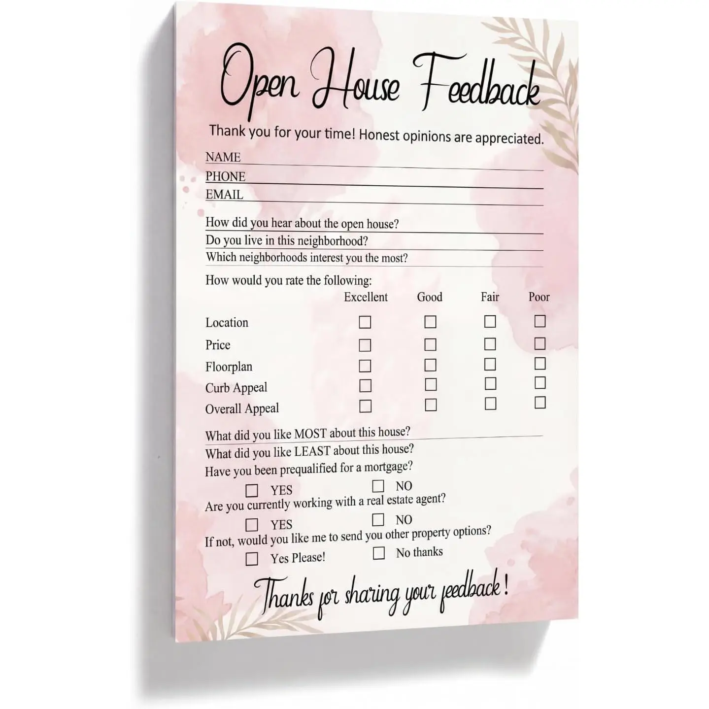 50 count Open House Signs for  Open House Supplies  Feedback Accessories Notepad Sign Questionnaire Feedback Form for Seller Clients Agents Brokers (Elegant Style)