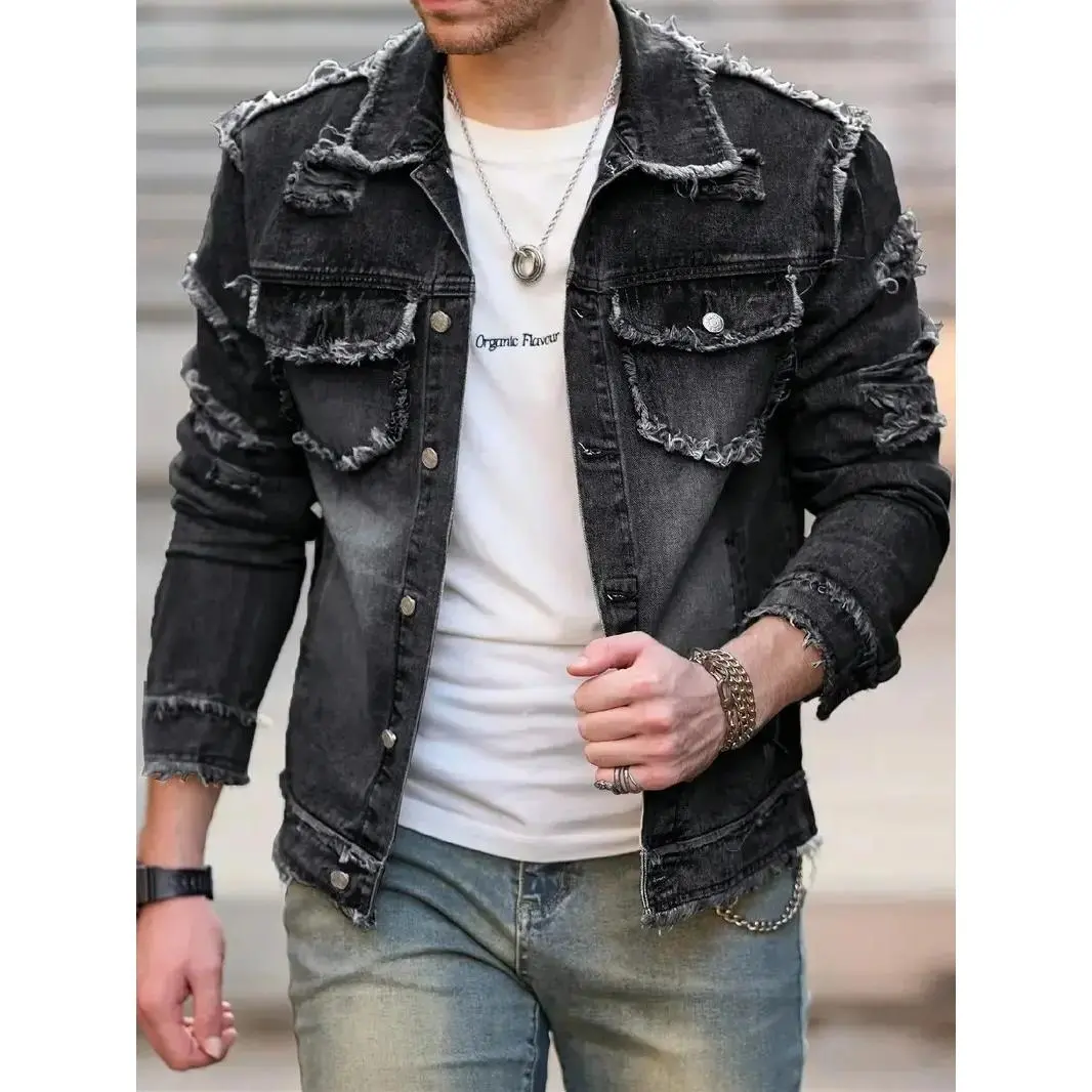 Distressed light black retro Menswar jacket, ripped and frayed men's jacket, heavy retro washed worn-out streetwear, men's jacket, outdoor casual fashion top, black jacket