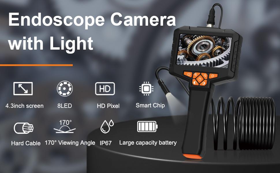 Inspection Endoscope, Industrial Borescope Camera with 4.3" IPS Screen, 1920P HD Snake Camera with 8 LED Lights, 16.5FT Semi-Rigid Cord Bore Scope - Cool Gadgets Tool